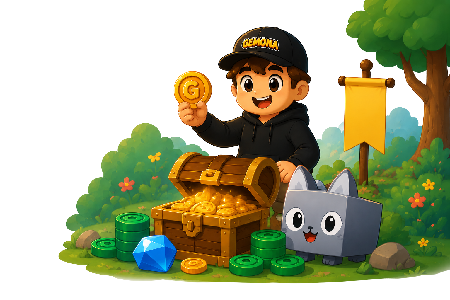 Gemona mascot with treasure